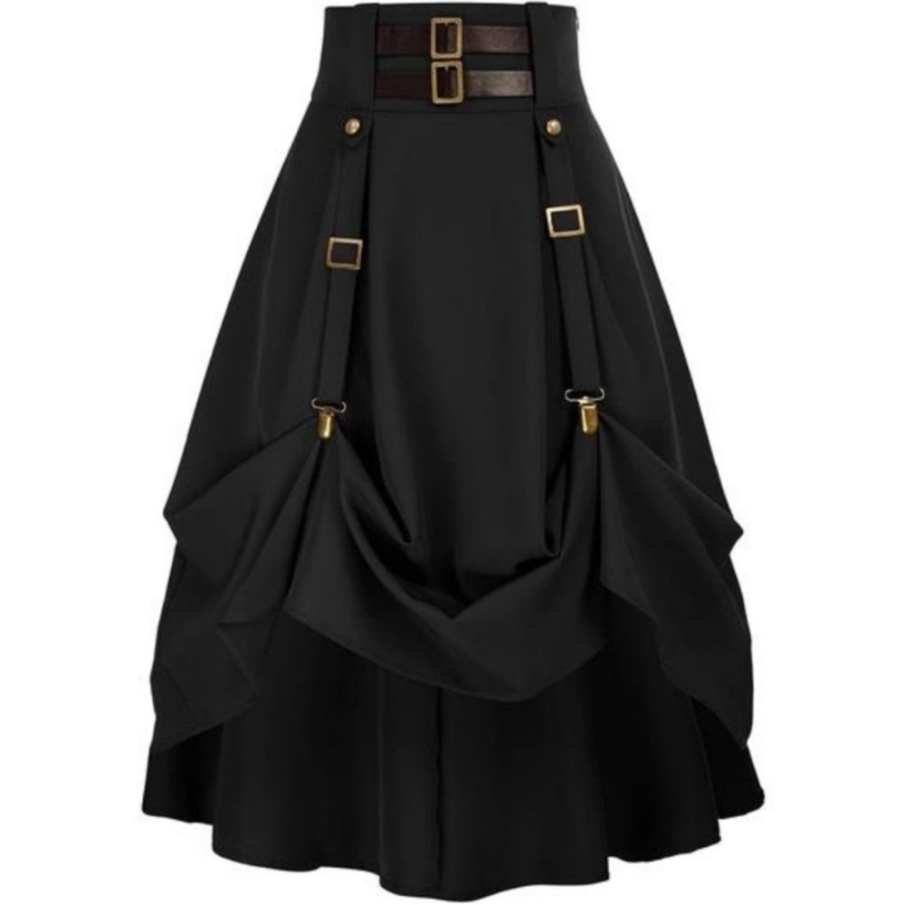 Women Goth Steampunk Skirt High Waist Pirate Midi A-Line Skirt w Pockets S-2XL